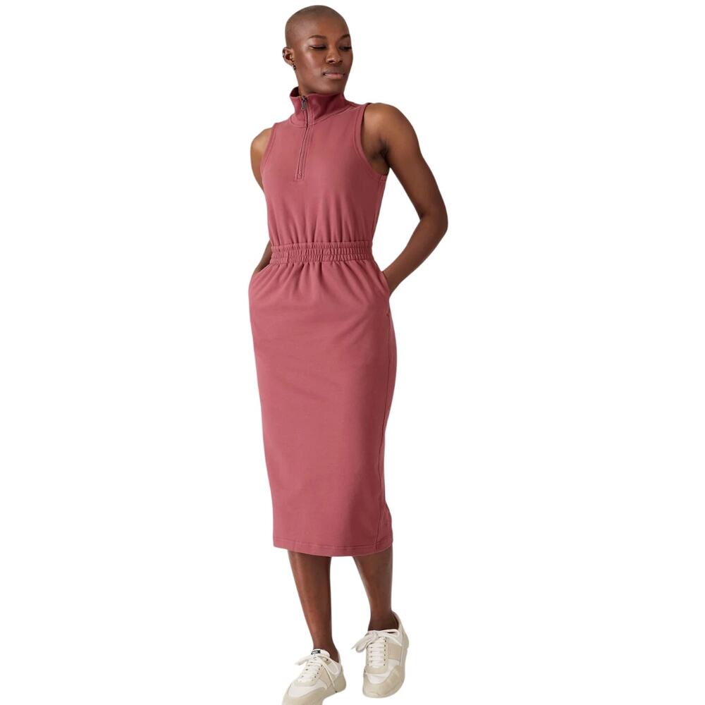 Athleta Retroterry Midi Dress M Rosewood Pink Half Zip Sleeveless Pockets